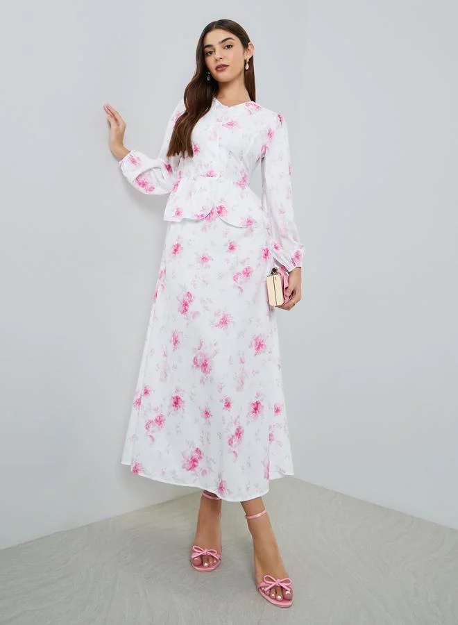 Styli Women White Floral Print Ruffle Trim Midi Dress